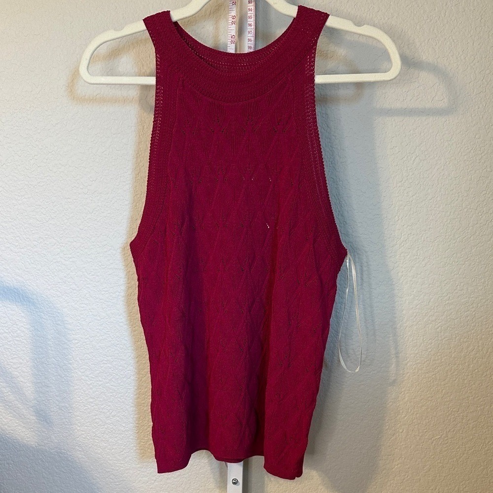 Adrienne Landau Quartz Magenta Knit Tank Top Diamond Pointelle Halter Neck L NEW - Picture 2 of 8